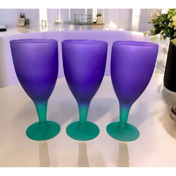 Wine Water Goblet Frosted Purple Green Hand Blown Glass Stemware Set Of 3 Mexico - Picture 1 of 14